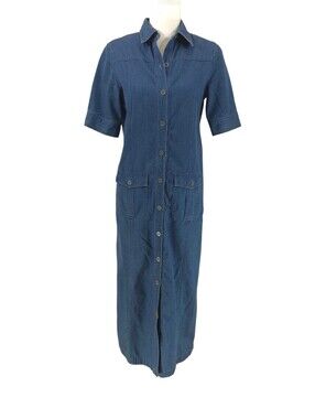 Talbots Petites Women's Blue Denim Shirt Dress Button Front Cotton Maxi - Sz 2